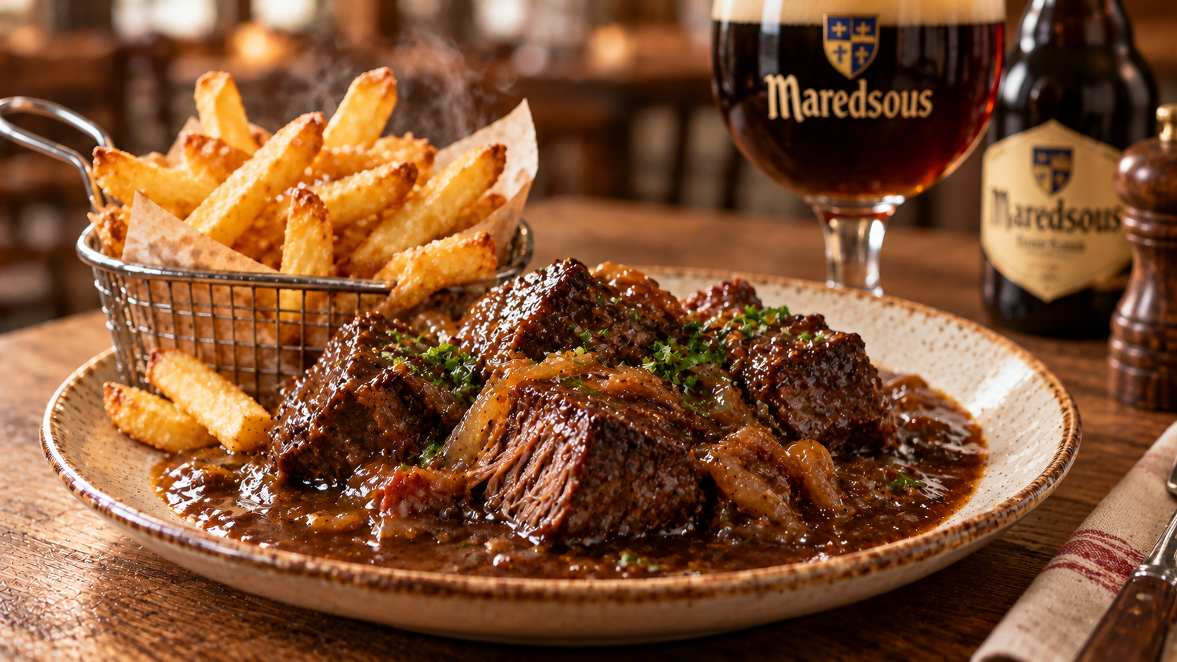 Illustration du fondant de bœuf en sauce accompagné de frites dorées, avec un verre et une bouteille de bière de Maredsous en arrière-plan.