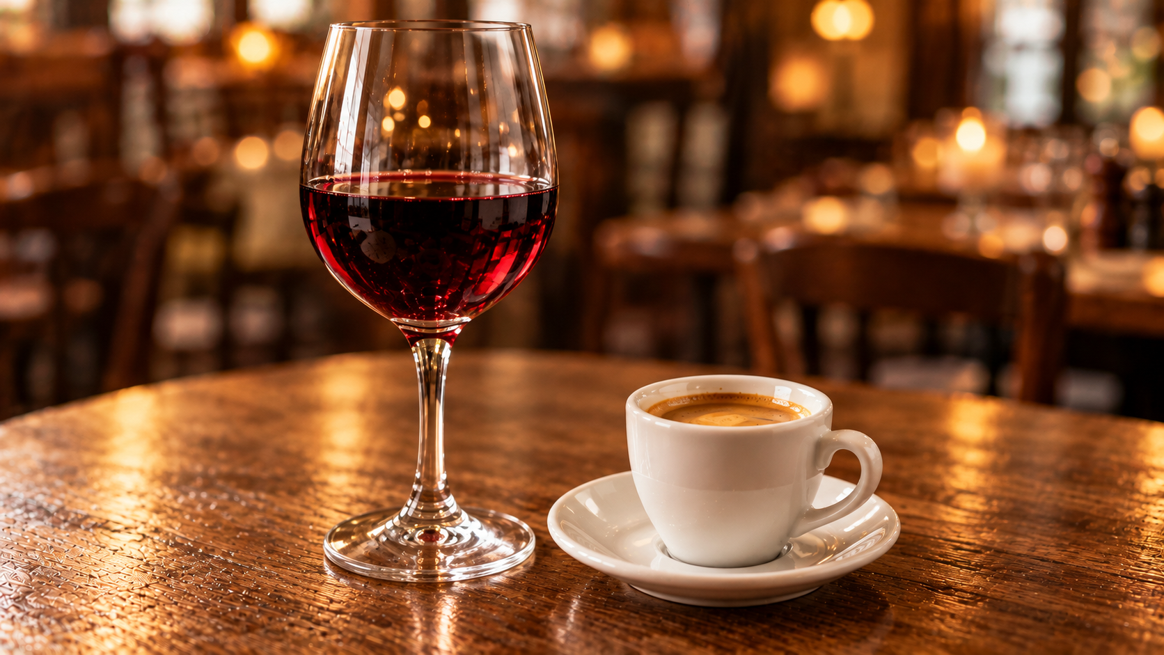 Un verre de vin rouge et une tasse de café sur sa soucoupe, posés sur une table en bois.