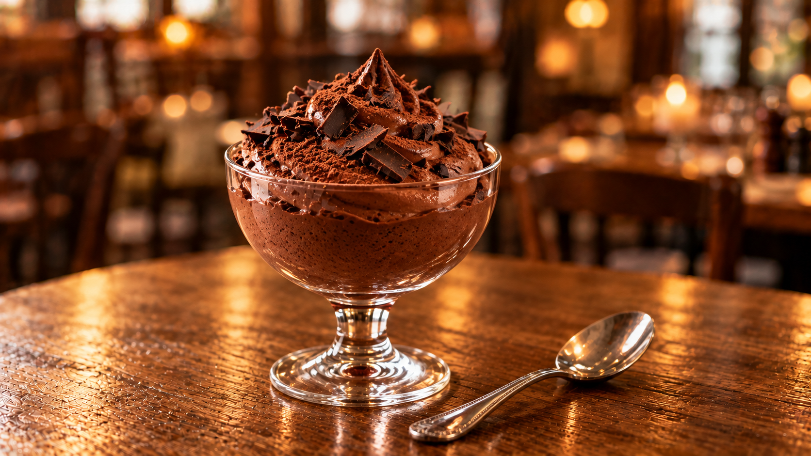 Mousse au chocolat garnie de copeaux de chocolat, présentée dans une coupe en verre sur une table en bois.